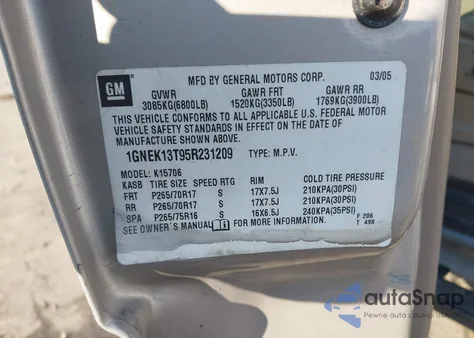 2005 Chevrolet Tahoe Z71 z USA, uszkodzony, nr VIN 1GNEK13T95R231209